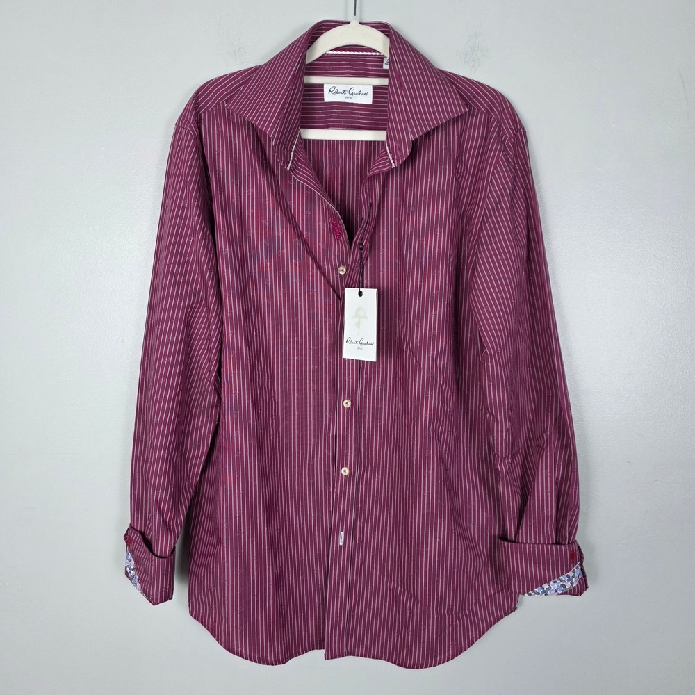 NWT Robert Graham Mens Button Shirt Pattern Paris Berry Striped Long Sleeve
